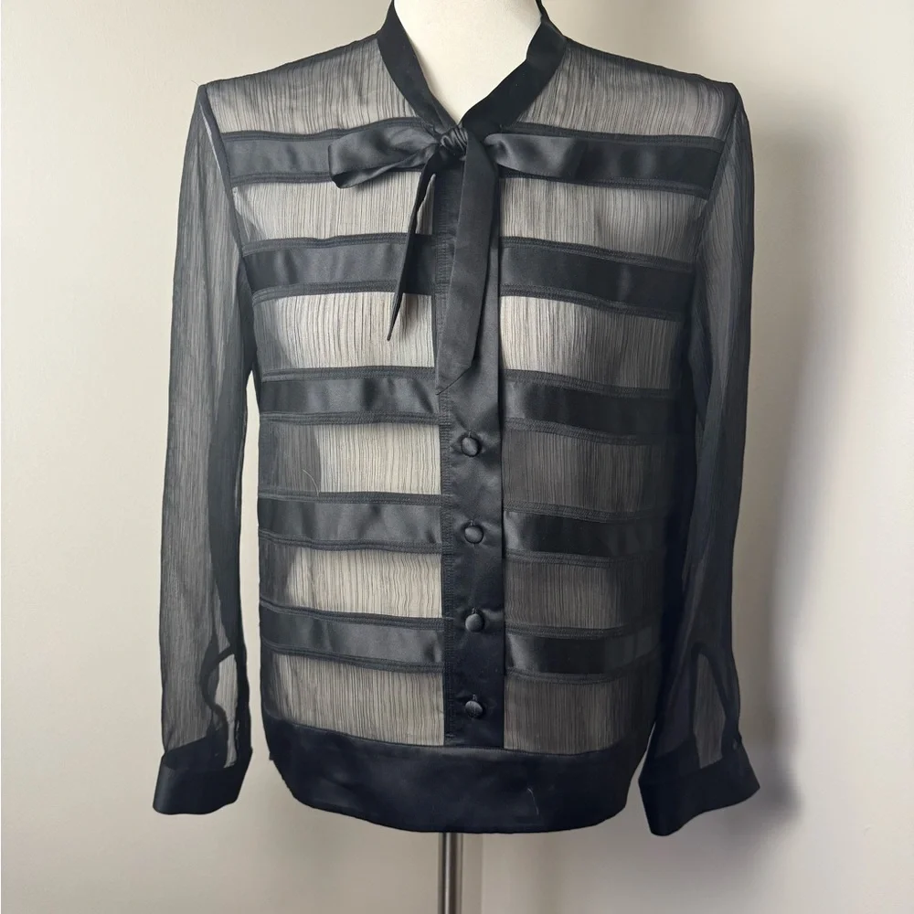 THE KOOPLES Sheer Button Front Striped Shirt w/ Accent Tie Collar BLACK / LARGE - Picture 1 of 15